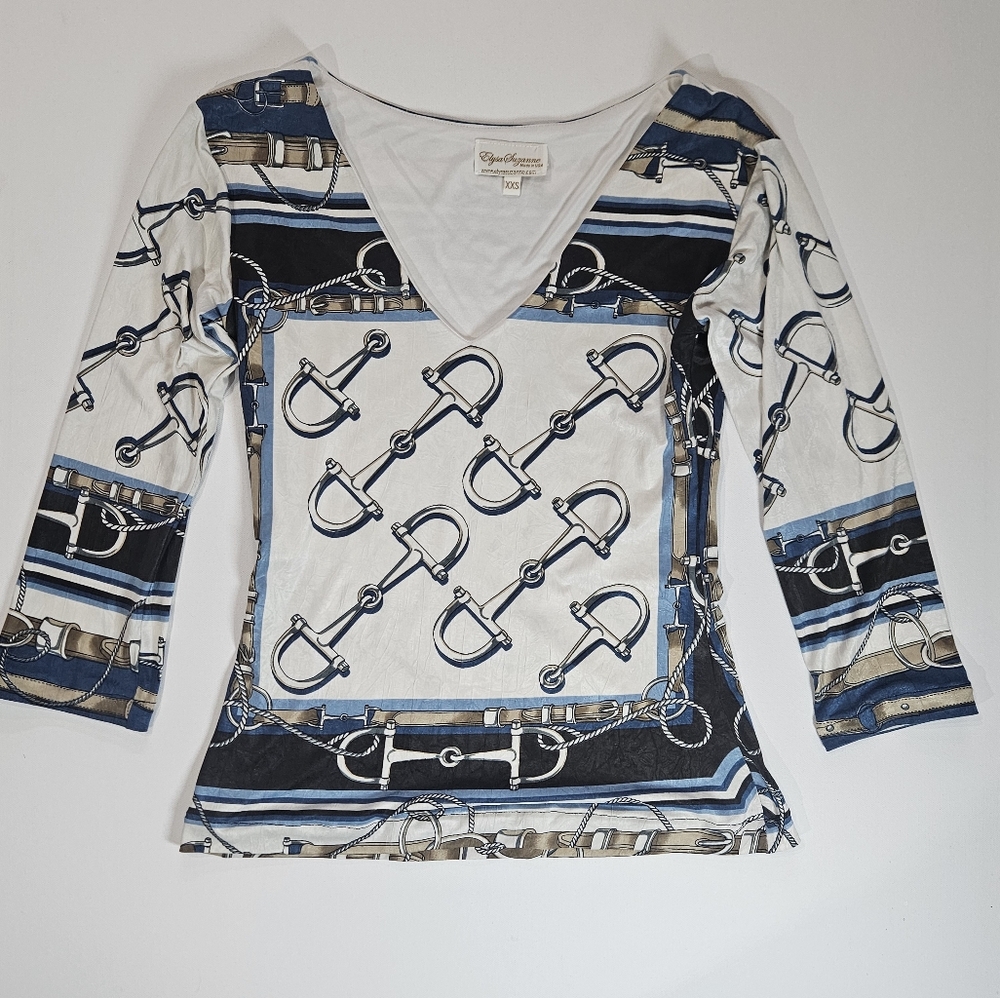 Elysa Suzanne Shirt Womens XXS Blue Black Nautical Anchor‎ Coastal Made In USA